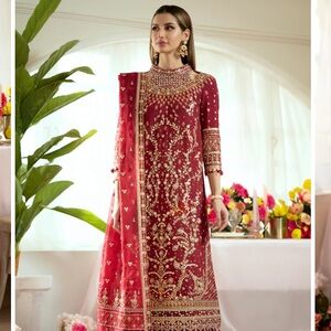 Qalamkar red pakistani salwar kameez